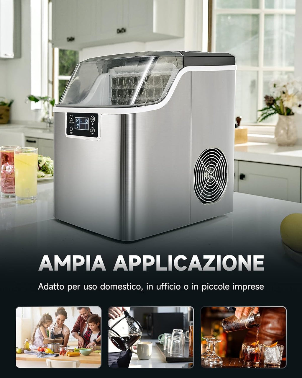 CREWORKS Macchina Ghiaccio 22kg/24h Fabbricatore Ghiaccio 24 Cubetti in 11-20 Minuti Serbatoio 3.2L Macchina per Ghiaccio Autopulente con LCD Pannello per Casa Ufficio Bar Ristorante (24 PCS)