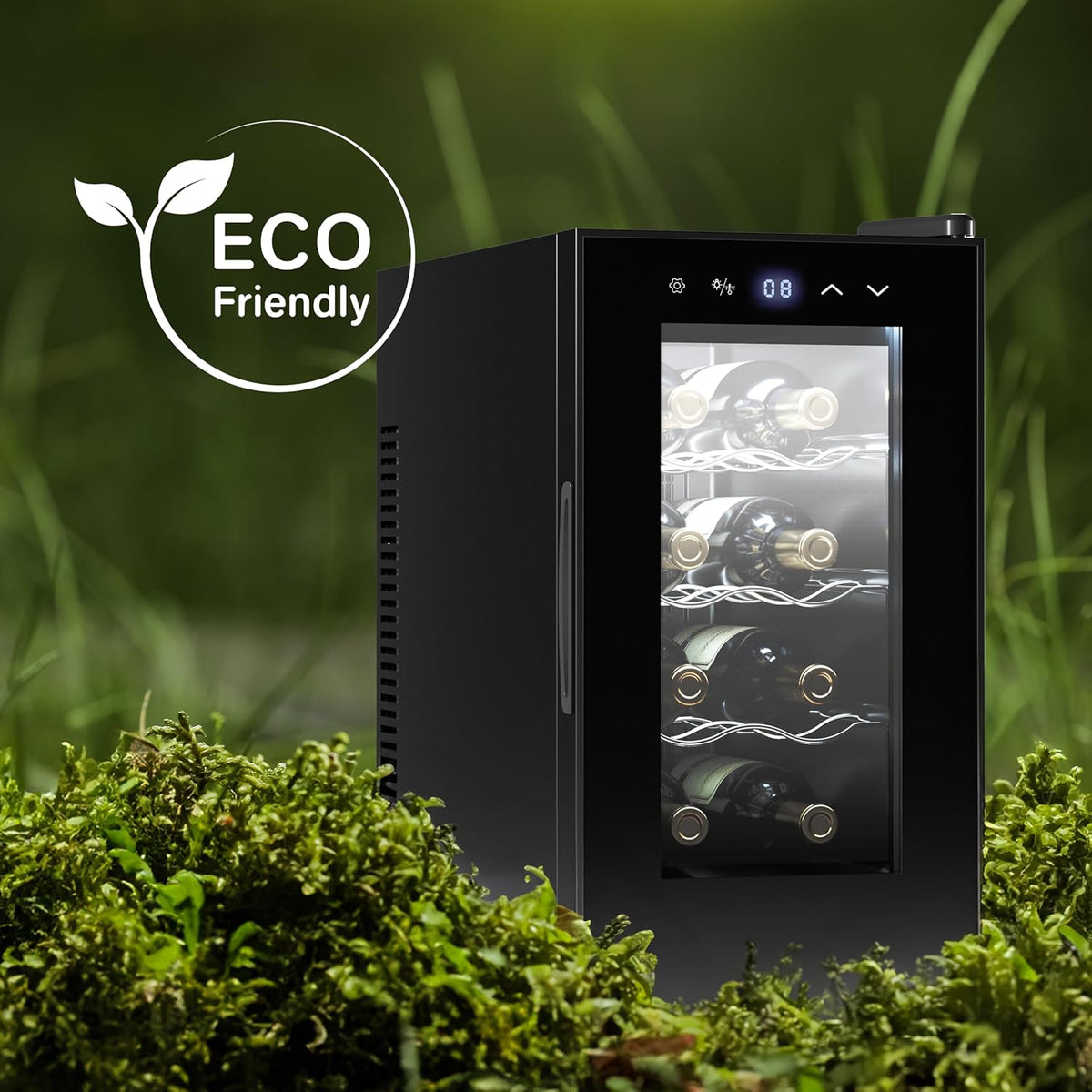 Cecotec Enoteca 8 Bottiglie Bolero Grandsommelier 830 Coolcrystal, Raffreddamento termoelettrico, Temperatura regolabile tra 8-18°C, Controllo tattile e display, LED interno, Gas non nocivo.