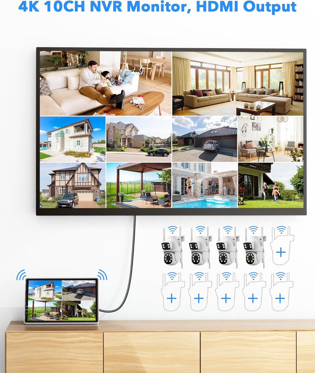 Camcamp 2K PTZ Kit Videosorveglianza WiFi Esterno con 10 Monitor, 5G&2.4G WiFi 10CH NVR, 4X Doppia Lente Telecamera, Colori Visione Notturna,Registrazione 24/7,Tracciamento del Movimento,2-Vie Parla