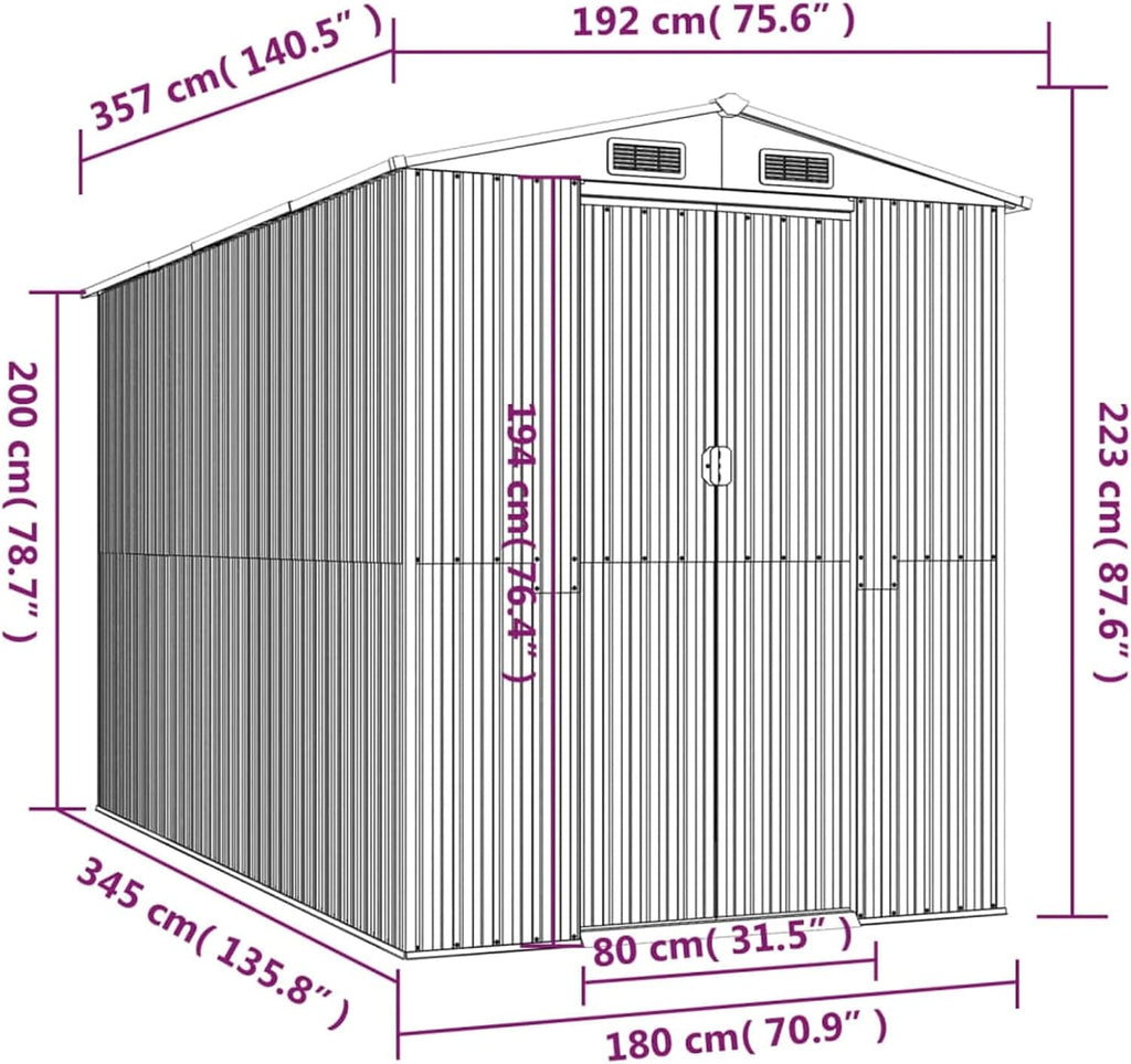 Casetta Attrezzi, Casetta da Giardino, Casetta Attrezzi Giardino, Capanno Attrezzi da Giardino, Capanno da Giardino Antracite 192x357x223 cm in Acciaio Zincato