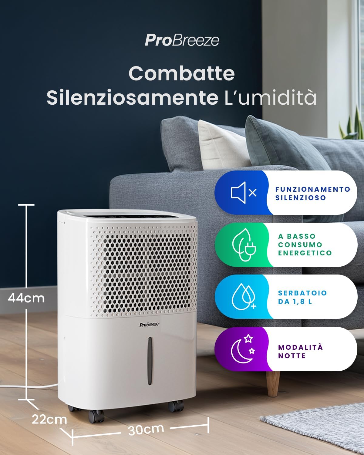 Pro Breeze Deumidificatore 12L / Day con display digitale dell'umidità, modalità Sleep, drenaggio continuo, asciugatura della biancheria e timer 24 ore - Ideale per umidità e condensa