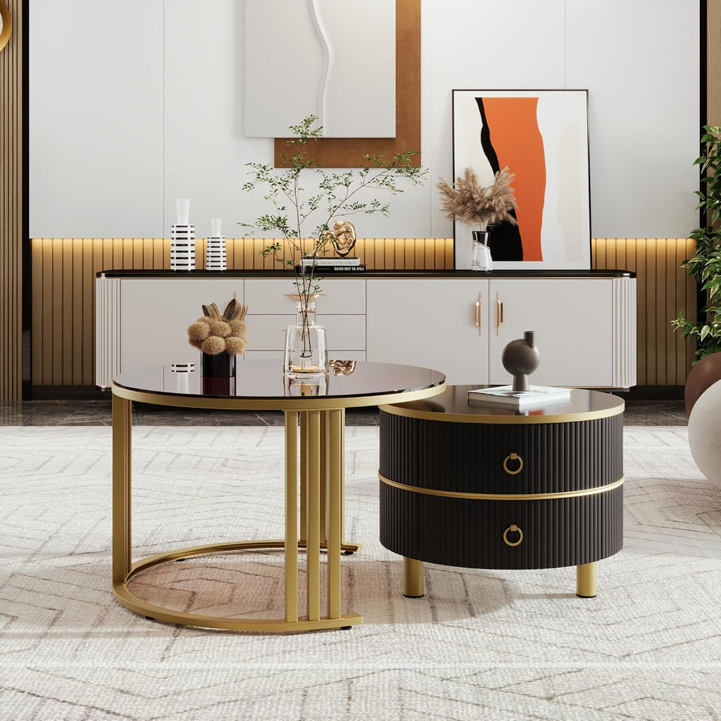 70 x 70 x 46 + 50 x 50 x 40 cm, tavolino rotondo in MDF 2 in 1, tavolino con piano lucido e 1 piano in marmo bianco, combinazione con 2 cassetti (vetro+nero), 3203890