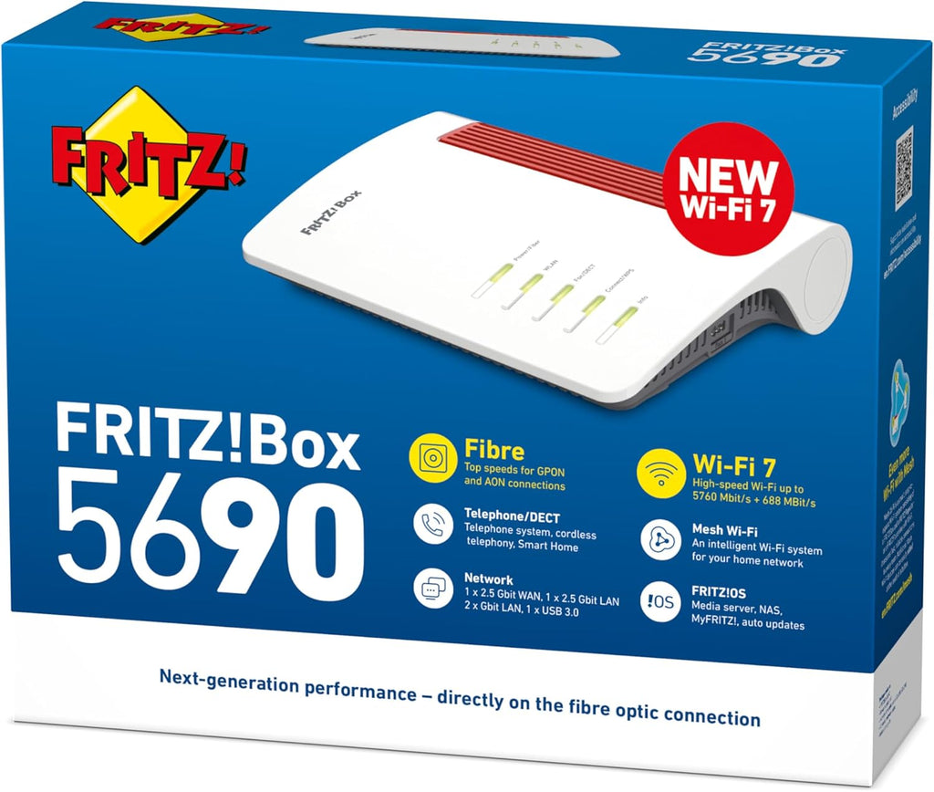 FRITZ!Box 5690 | Router per fibra ottica (AON/GPON) | Wi-Fi 7 fino a 6.448Mbit/s | Wi-Fi Mesh | Massima sicurezza | Configurazione rapida | WAN/LAN a 2,5 gigabit | Made in Europe