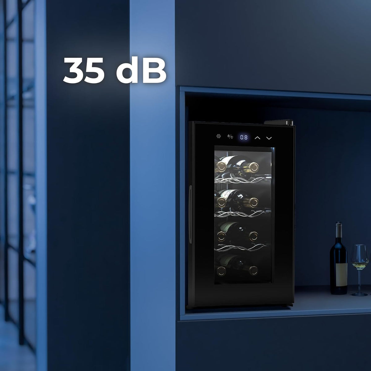 Cecotec Enoteca 8 Bottiglie Bolero Grandsommelier 830 Coolcrystal, Raffreddamento termoelettrico, Temperatura regolabile tra 8-18°C, Controllo tattile e display, LED interno, Gas non nocivo.
