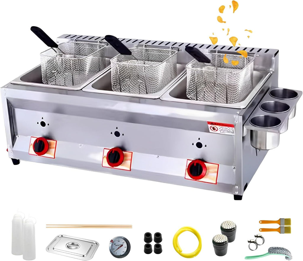 Friggitrice commerciale a gas GPL, doppio serbatoio, con cestello da 10 l x 2/3 e coperchio, in acciaio inox, grande capacità, propano GPL, con tubo in metallo, per patatine fritte, casa, cucina,