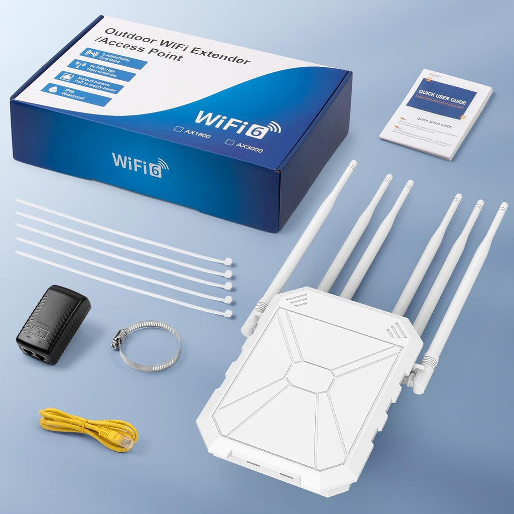 AX1800 Ripetitore WiFi Potente Esterno, 5GHz e 2,4GHz Amplificatore Wifi Con 6 Antenne, WiFi Extender, Resistente Agli Agenti Atmosferici IP67, Passivo PoE, Porta Gigabit Ethernet, Per Cortile