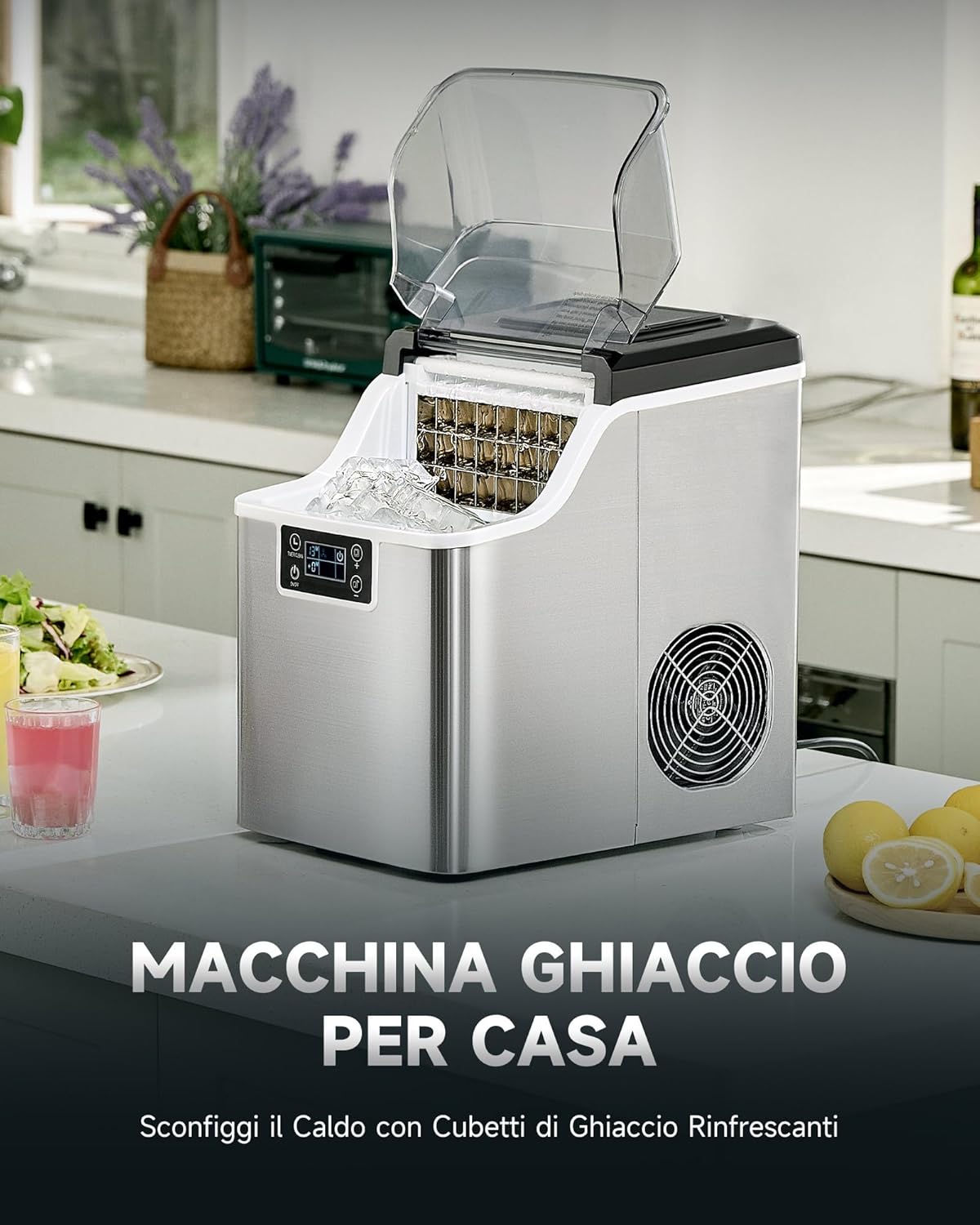 CREWORKS Macchina Ghiaccio 22kg/24h Fabbricatore Ghiaccio 24 Cubetti in 11-20 Minuti Serbatoio 3.2L Macchina per Ghiaccio Autopulente con LCD Pannello per Casa Ufficio Bar Ristorante (24 PCS)