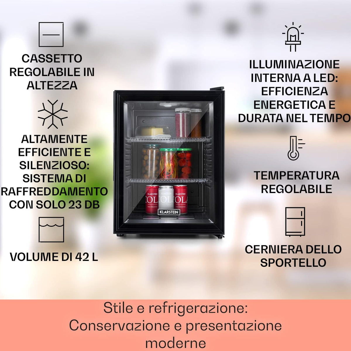 Klarstein Mini Frigo Bar da Camera, Portatile, Frigorifero Piccolo da Ufficio con LED, Ripiani Rimovibili, per Campeggio e Skin Care 12-18°C, 42L