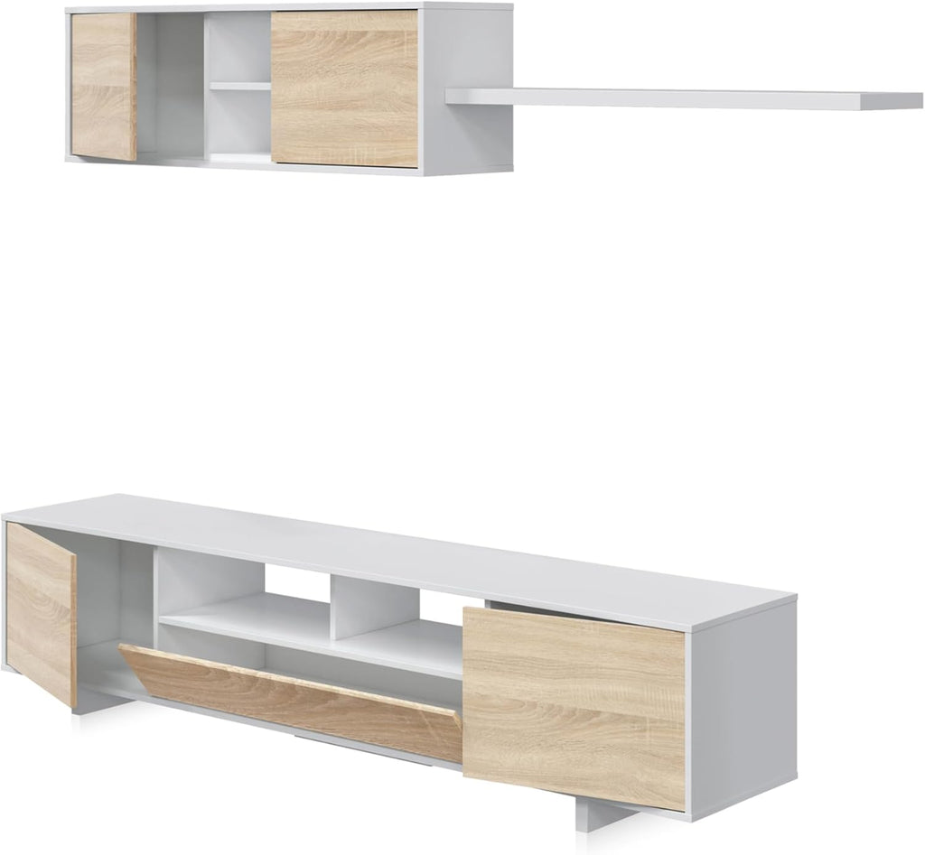 Habitdesign Mobile Soggiorno Moderno, Moduli Sala da Pranzo, Modello Belus, Finitura in Bianco Lucido e Rovere Canadese, Dimensioni: 200 cm (profondità) x 41 cm (Altezza) x 46 cm