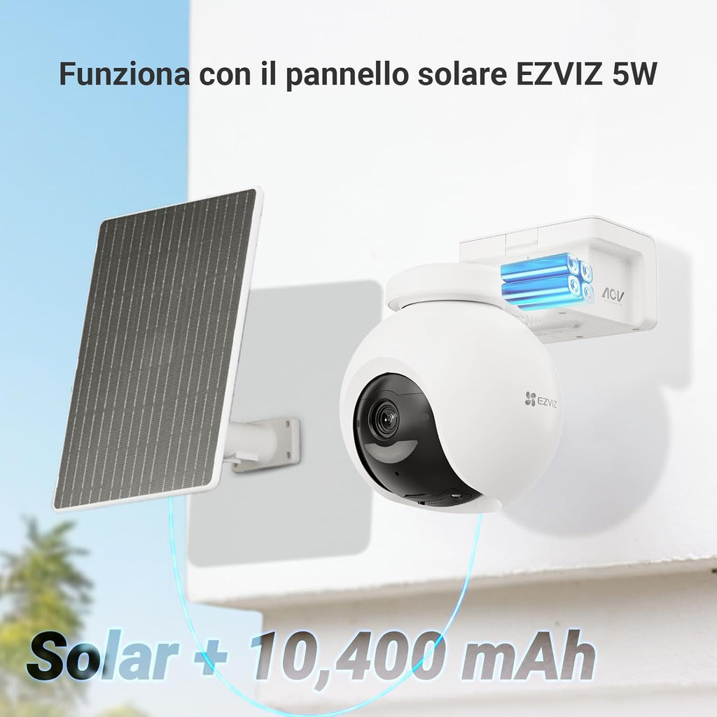 EZVIZ 8MP Telecamera WiFi Senza Fili per Esterni con Pannello Solare da 5W, Rilevamento di Persone/Veicoli, Telecamera Solare per Esterni a 360°, Modalità AOV, Difesa Attiva, CB8 Pro 4K Kit