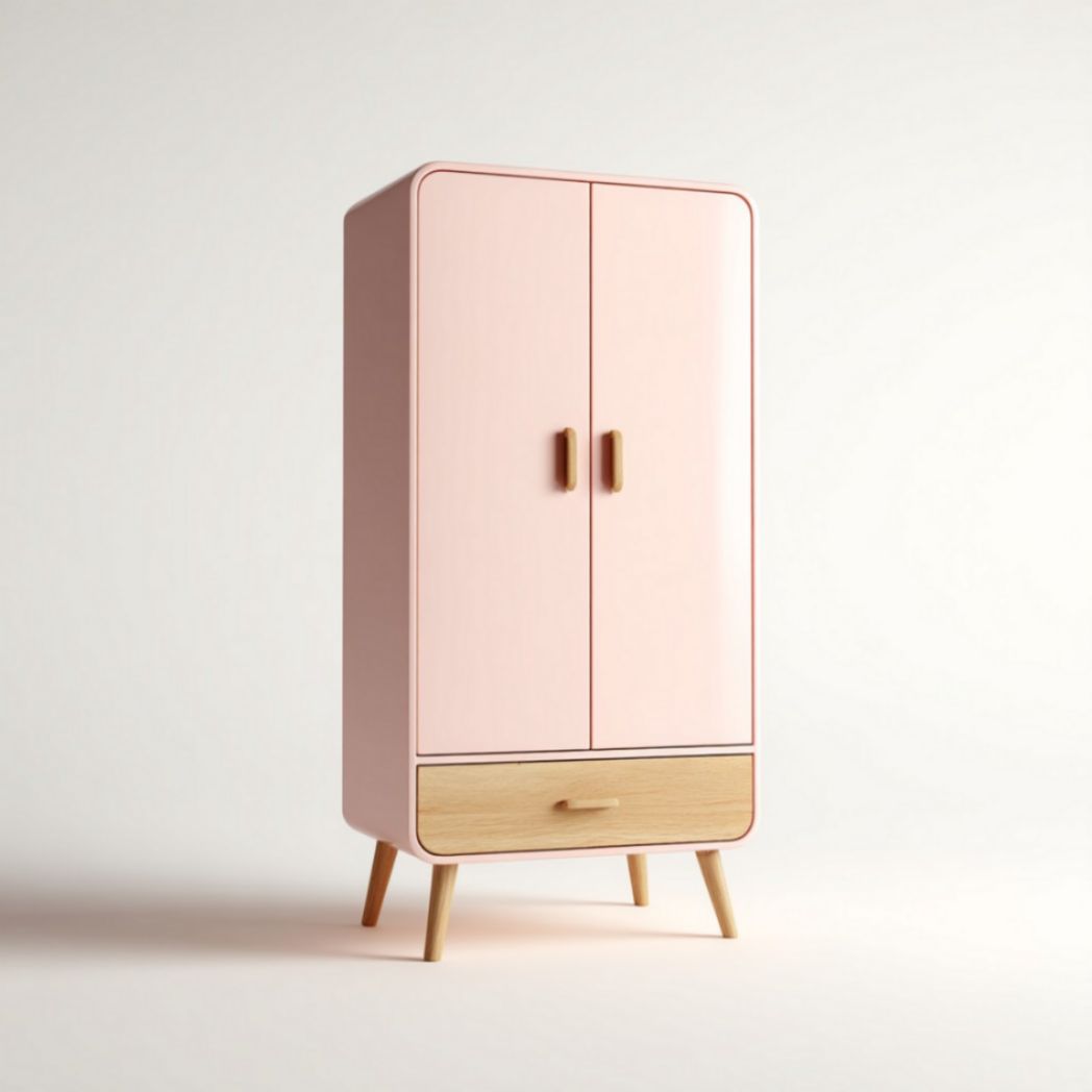 Armadio a due ante e un cassetto in legno di pino rosa e rovere con gambe svasate