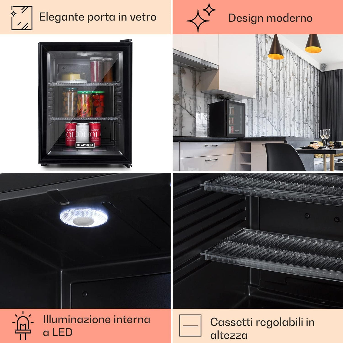 Klarstein Mini Frigo Bar da Camera, Portatile, Frigorifero Piccolo da Ufficio con LED, Ripiani Rimovibili, per Campeggio e Skin Care 12-18°C, 42L