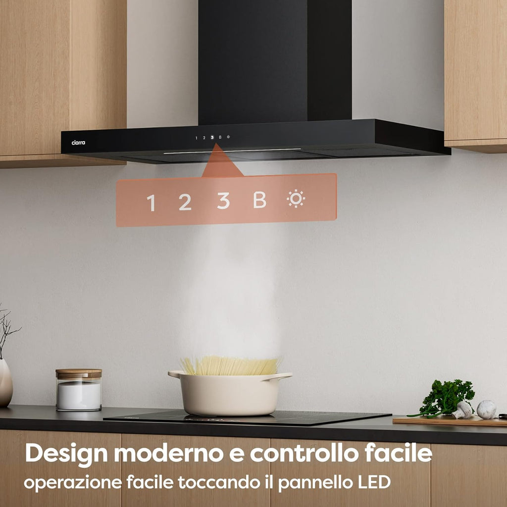 CIARRA CBCB9102 A+++ Cappa Aspirante 90 cm - 650m³/h - Wi-Fi App - Touch Control - 4 Velocità con Booster - Filtro Carbone Incluso -Evacuazione o Ricircolo - Design Moderno Nero