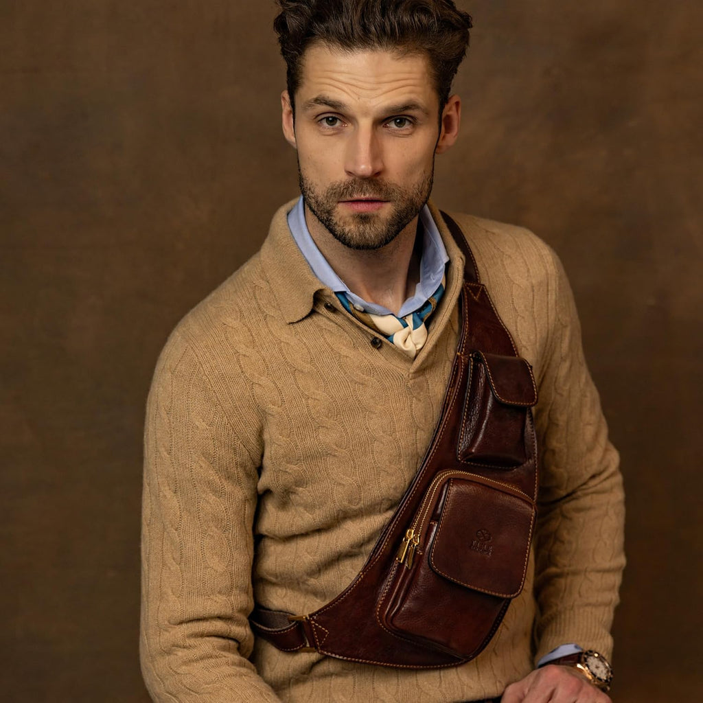 Time Resistance Zaino Monospalla Uomo in Vera Pelle – Comodo Marsupio Monospalla Uomo Realizzato in Italia da Esperti Artigiani – Zainetto Uomo Piccolo con Tracolla Regolabile