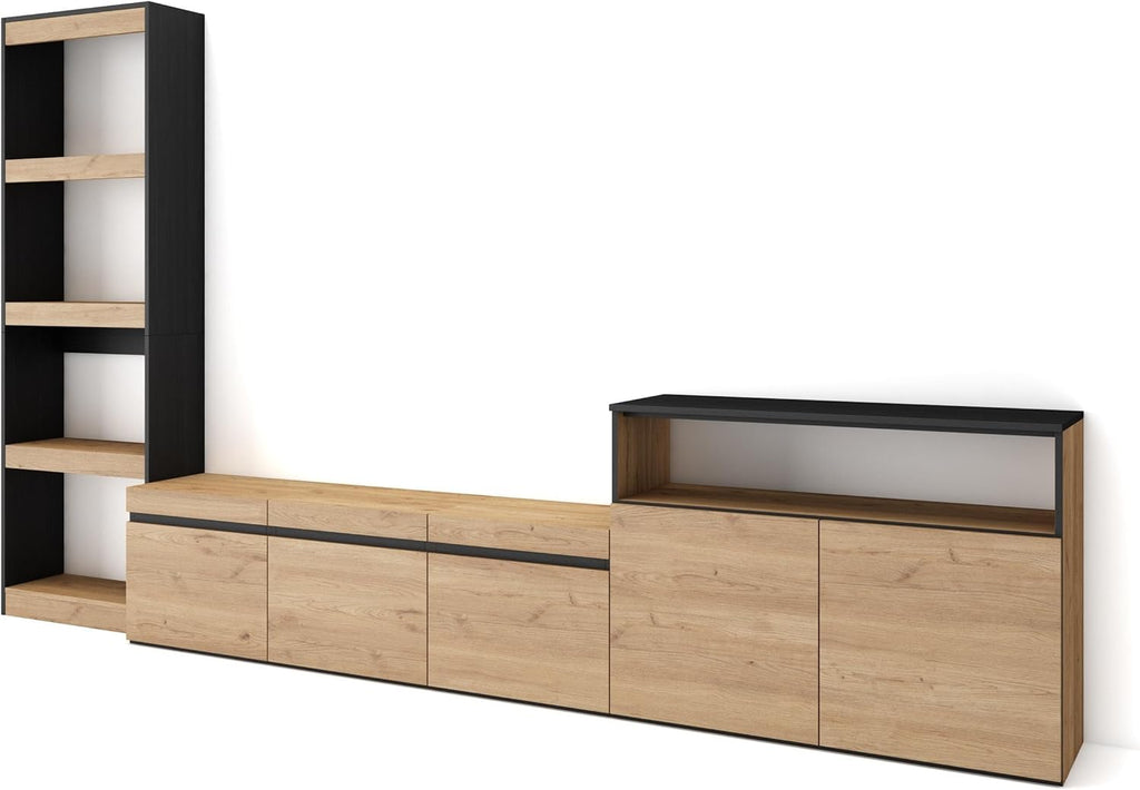 Skraut Home | Mobile Soggiorno TV | Parete Attrezzata Soggiorno | 310x186x35cm | Per TV fino a 65 | Set di mobili | Stile moderno | Rovere e nero