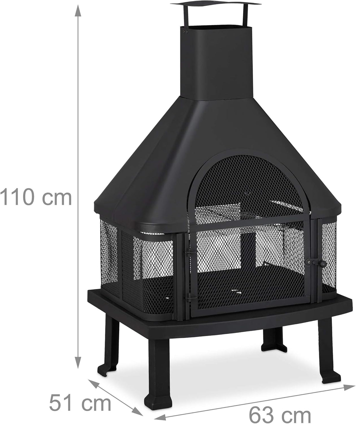 Relaxdays Forno da Terrazzo con Grill, Braciere con Parascintille, Attizzatoio, Massiccio, Acciaio, 110x63x51 cm, Nero