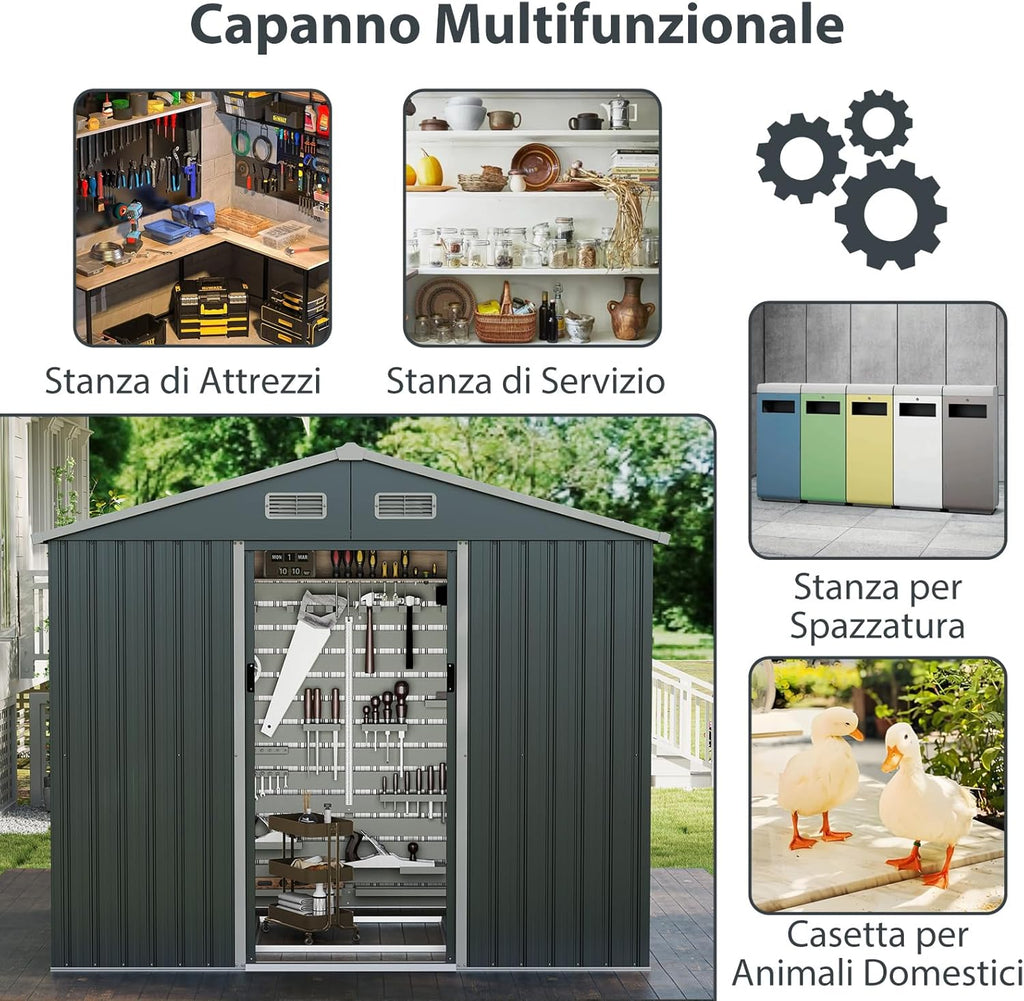 COSTWAY Casetta da Giardino 3,66㎡, Capanno da Esterno con Tetto Spiovente e Porte Scorrevoli, 4 Prese d'Aria e Base, in Metallo Zincato Resistente alle Intemperie, 235 x 171 x 196 cm