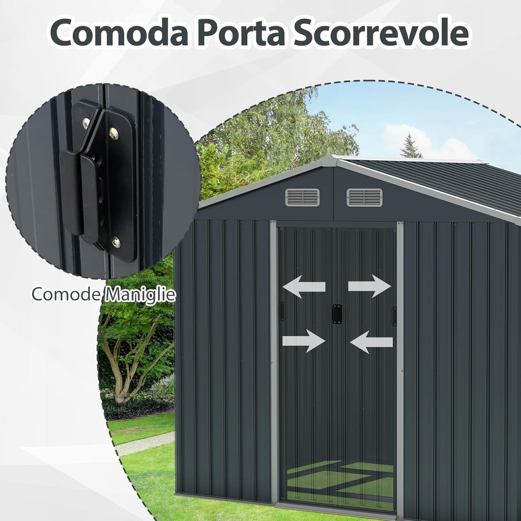 COSTWAY Casetta da Giardino 3,66㎡, Capanno da Esterno con Tetto Spiovente e Porte Scorrevoli, 4 Prese d'Aria e Base, in Metallo Zincato Resistente alle Intemperie, 235 x 171 x 196 cm