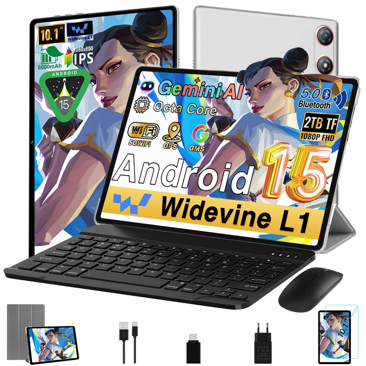 Tablet Android 15 10 Pollici 64GB ROM+2TB, Gemini AI, Octa-Core 2.0Ghz, 1280*800 FHD IPS, Standby Molto Lungo, 5G WiFi, Widevine L1, 5MP+13MP, Face ID