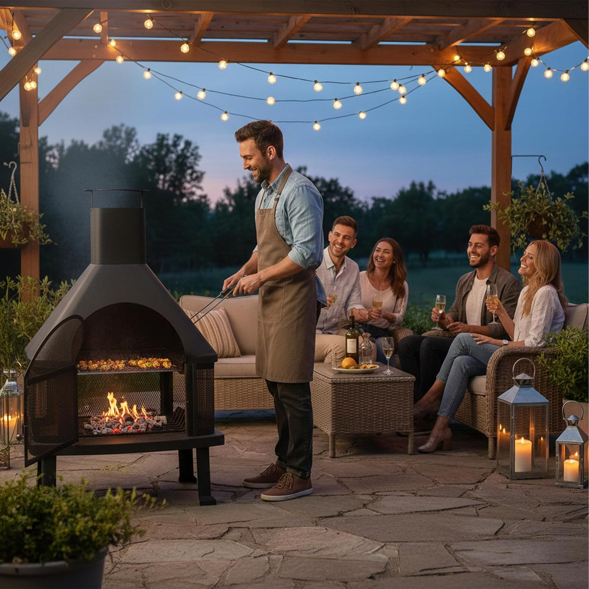 Relaxdays Forno da Terrazzo con Grill, Braciere con Parascintille, Attizzatoio, Massiccio, Acciaio, 110x63x51 cm, Nero