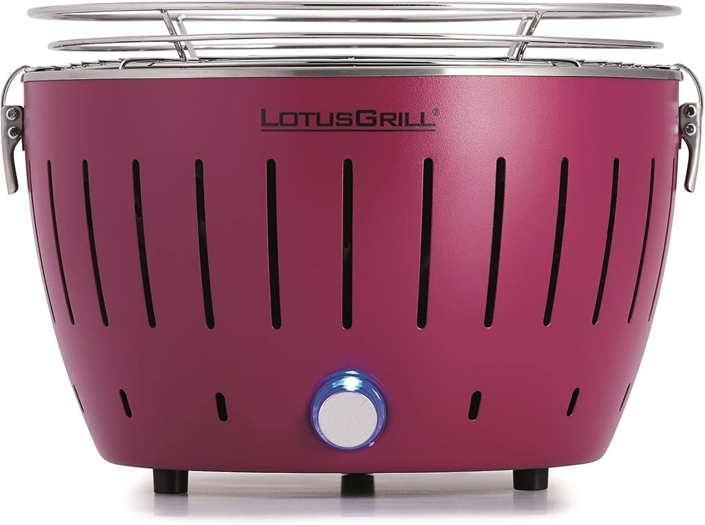 LotusGrill Small Compact G280 Modello più Piccolo, griglia a Carbone a Bassa Emissione di Fumo Viola, 1 kg di Carbone, 200 ml di Pasta combustibile, 1 Coltello e 1 Borsa, connessione USB