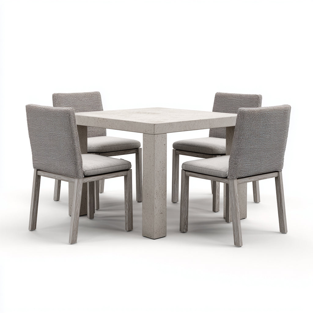 Set da pranzo per terrazza-pietra-legno-tessuto-120x120x75cm-grigio chiaro-moderno