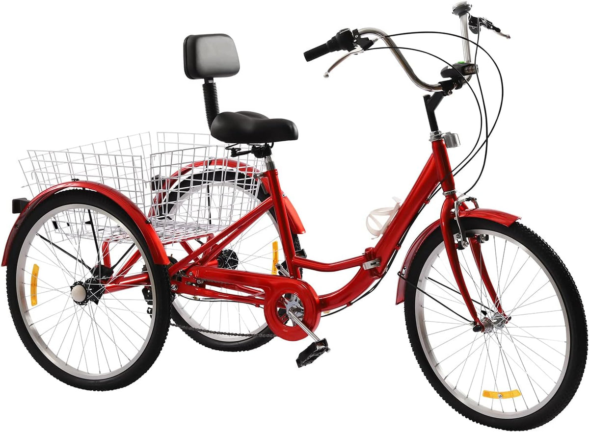 Triciclo per adulti, 24 pollici, pieghevole, 3 ruote, 7 marce, bicicletta per adulti, triciciciclo, bici da crociera con luce LED