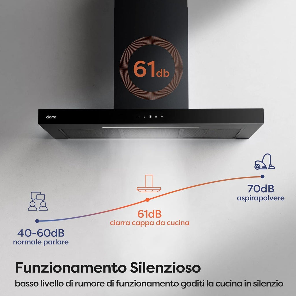 CIARRA CBCB9102 A+++ Cappa Aspirante 90 cm - 650m³/h - Wi-Fi App - Touch Control - 4 Velocità con Booster - Filtro Carbone Incluso -Evacuazione o Ricircolo - Design Moderno Nero