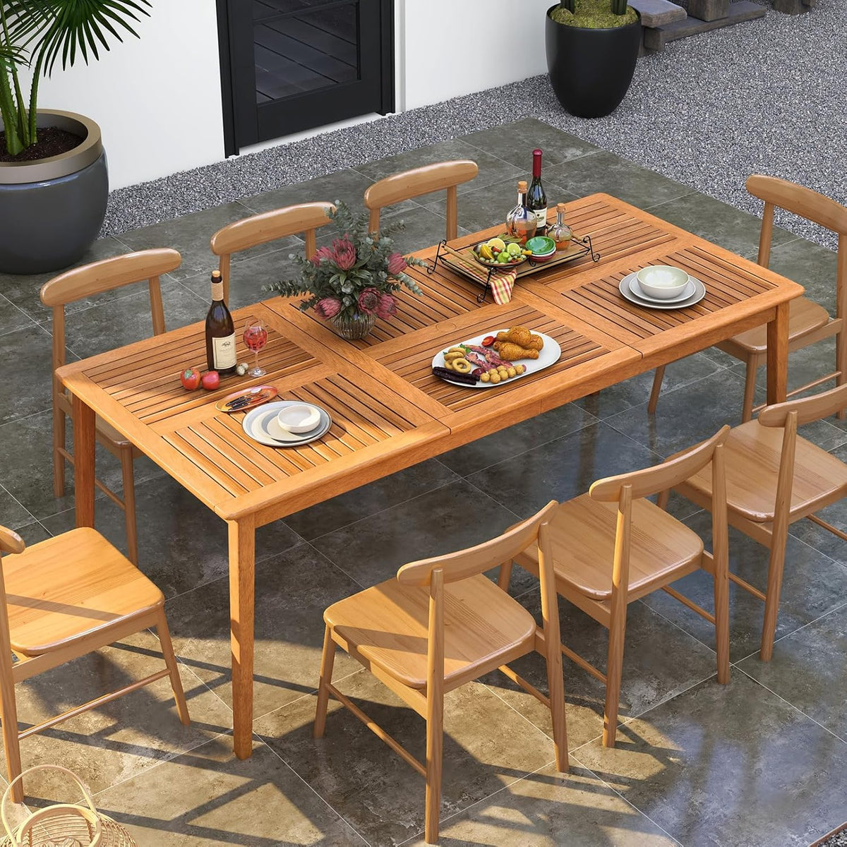 RELAX4LIFE Acacia Wood Outdoor Dining Table for 4 People with Umbrella Hole 5 cm, Weather Resistant for Garden, Terrace and Courtyard, Natural (200 x 90 x 75 cm)