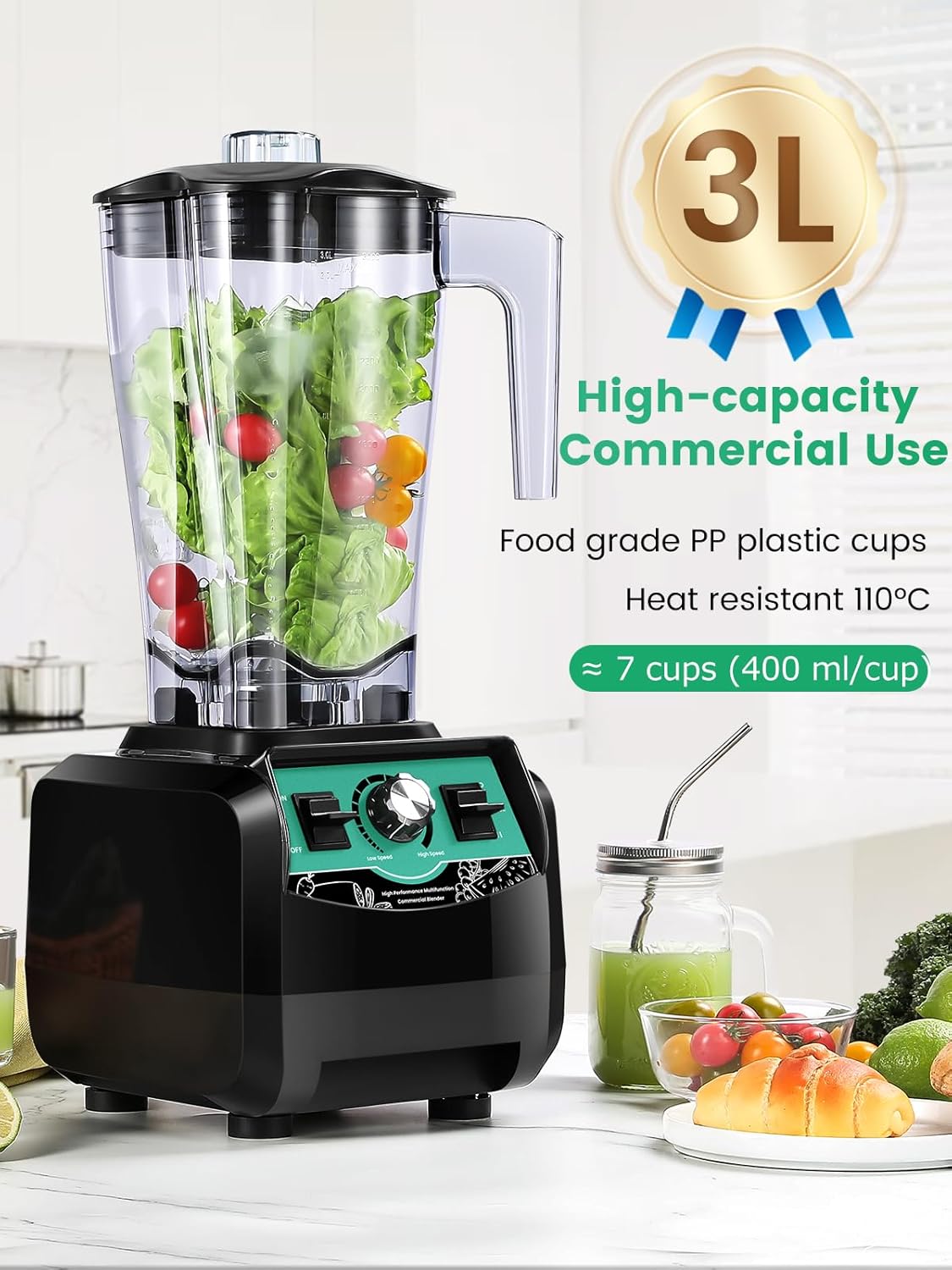 Huanyu Frullatore Creatore di frullati 3 litri Grande capacità Frullatore ad alta velocità 2800W Frullatori commerciali multifunzione per tritare il ghiaccio, succhi, frullati e latte di soia