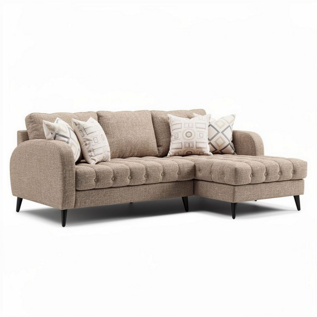Divano angolare moderno in tessuto beige con cuscini decorativi 200 x 90 x 85cm