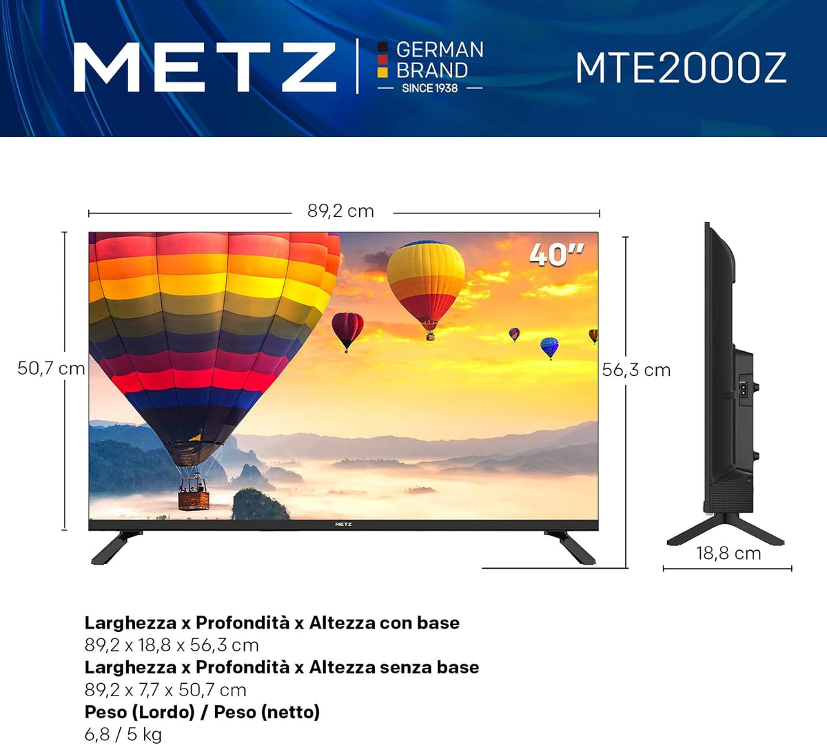 Metz MTE2000Z TV, 40 Pollici, FHD, Televisore, 1920x1080, Dolby Digital, Direct LED, Borderless Design, HDMI, USB, DVB-T/T2, DVB-C, DVB-S/S2 CI+