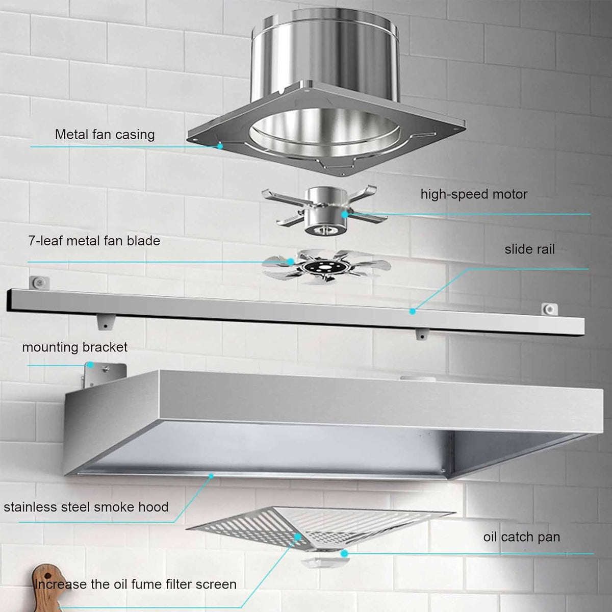 Ventilatore da Bagno in Acciaio Inossidabile da 7 Pollici Multifunzionale ad Alta Potenza per Cappa da Cucina, Facile da Pulire per Hotel, Ristorante, Cucina,7inch