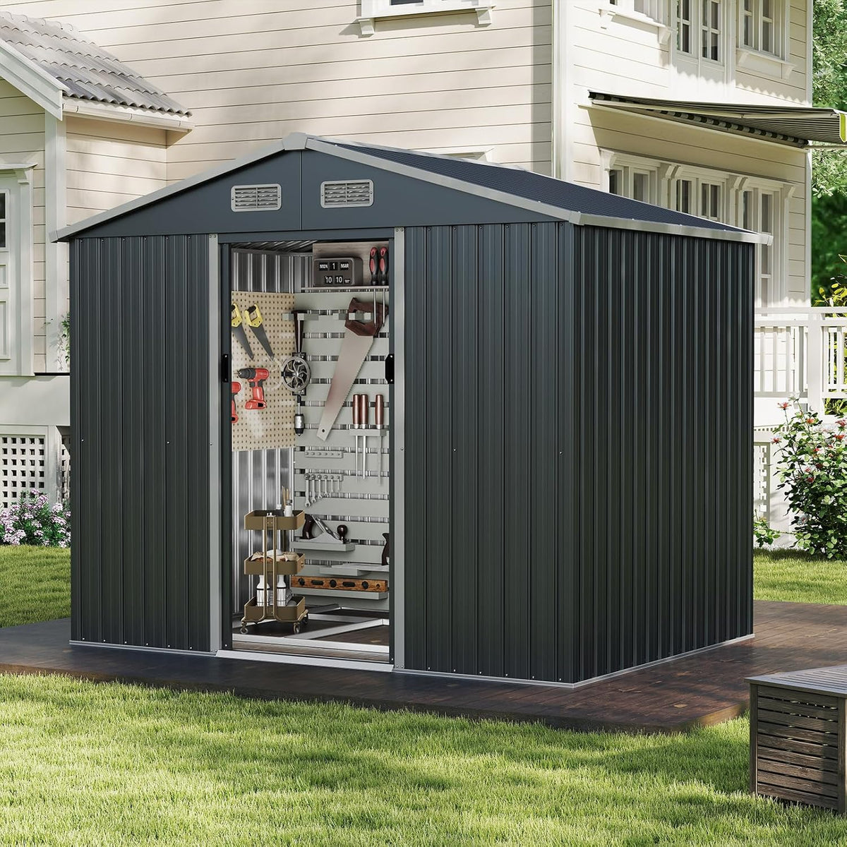 COSTWAY Casetta da Giardino 3,66㎡, Capanno da Esterno con Tetto Spiovente e Porte Scorrevoli, 4 Prese d'Aria e Base, in Metallo Zincato Resistente alle Intemperie, 235 x 171 x 196 cm