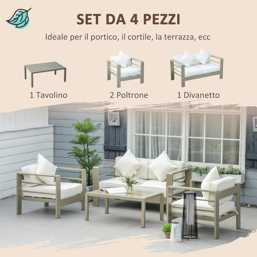 Outsunny 4-Piece Garden Living Room with Sofa, 2 Armchairs and Coffee Table with Glass Top, Removable Padded Cushions, Gold