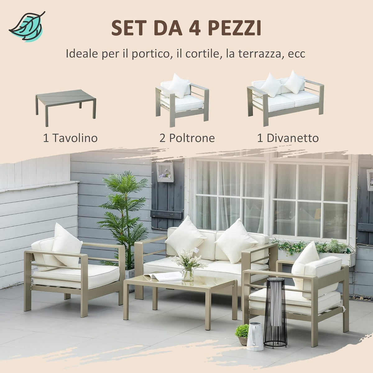 Outsunny 4-Piece Garden Living Room with Sofa, 2 Armchairs and Coffee Table with Glass Top, Removable Padded Cushions, Gold