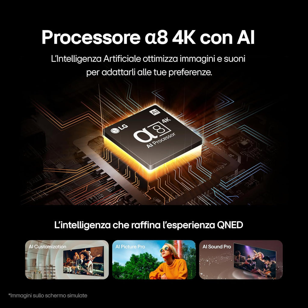 LG QNED 65'', Serie 85 2024, 65QNED85T6C, Smart TV 4K, Processore α8, Design slim, 20W, AI Picture Pro, 4 HDMI 2.1 120Hz, VRR, FreeSync Premium, Alexa, Wi-Fi, webOS 24, Telecomando puntatore