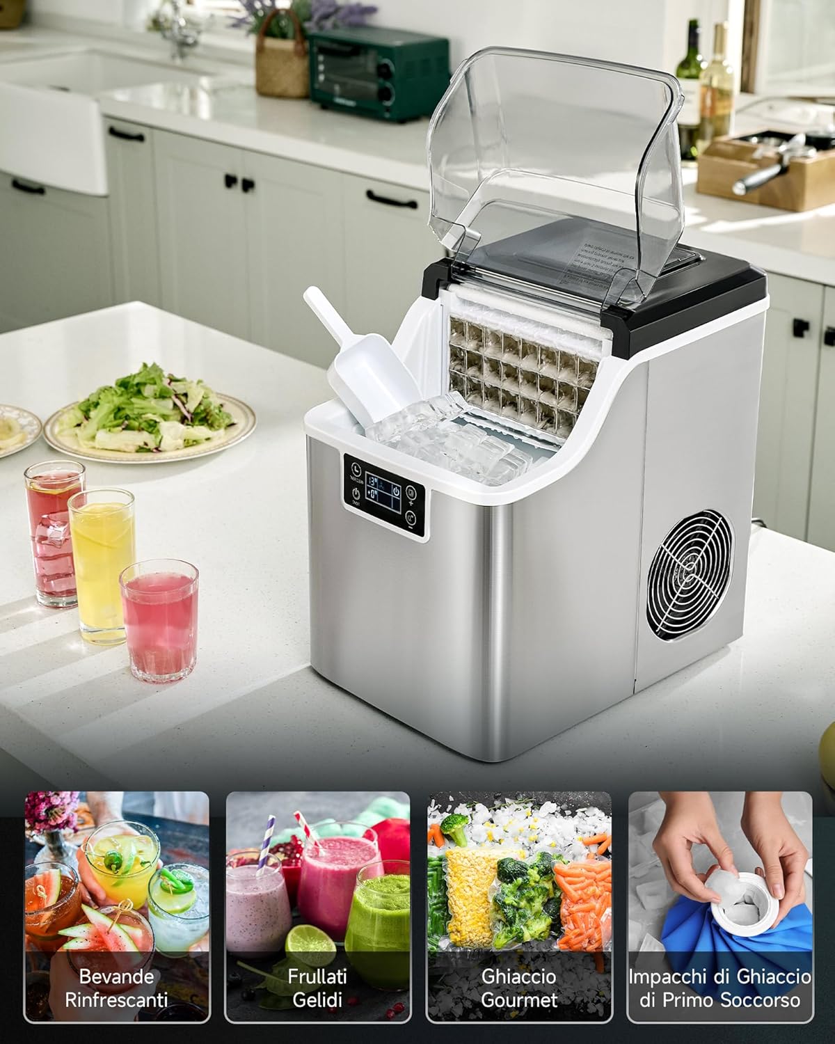 CREWORKS Macchina Ghiaccio 22kg/24h Fabbricatore Ghiaccio 24 Cubetti in 11-20 Minuti Serbatoio 3.2L Macchina per Ghiaccio Autopulente con LCD Pannello per Casa Ufficio Bar Ristorante (24 PCS)
