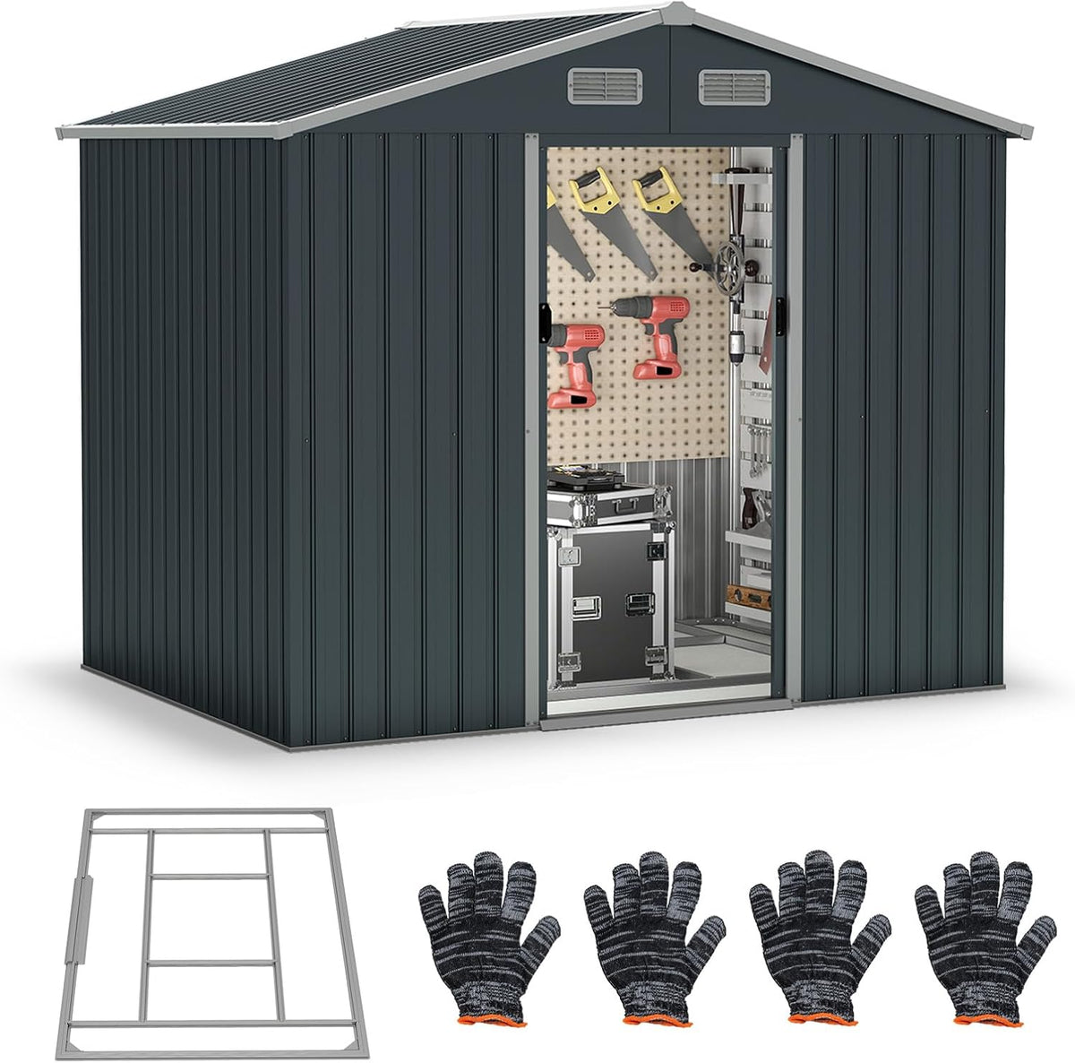 COSTWAY Casetta da Giardino 3,66㎡, Capanno da Esterno con Tetto Spiovente e Porte Scorrevoli, 4 Prese d'Aria e Base, in Metallo Zincato Resistente alle Intemperie, 235 x 171 x 196 cm