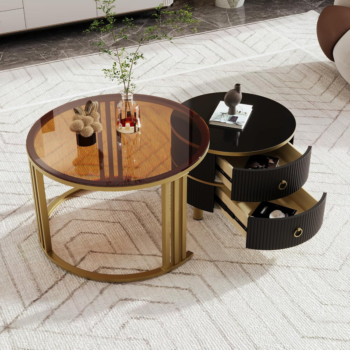 70 x 70 x 46 + 50 x 50 x 40 cm, tavolino rotondo in MDF 2 in 1, tavolino con piano lucido e 1 piano in marmo bianco, combinazione con 2 cassetti (vetro+nero), 3203890