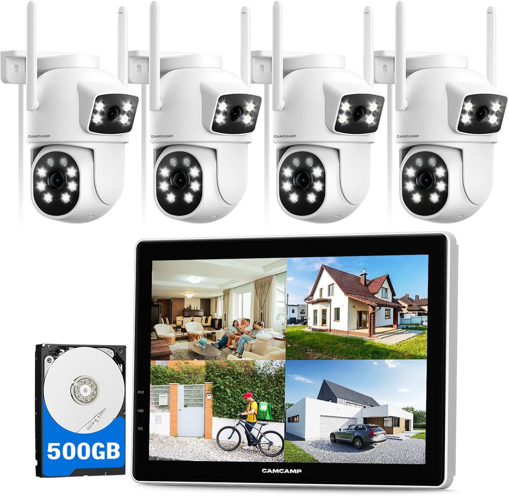 Camcamp 2K PTZ Kit Videosorveglianza WiFi Esterno con 10 Monitor, 5G&2.4G WiFi 10CH NVR, 4X Doppia Lente Telecamera, Colori Visione Notturna,Registrazione 24/7,Tracciamento del Movimento,2-Vie Parla