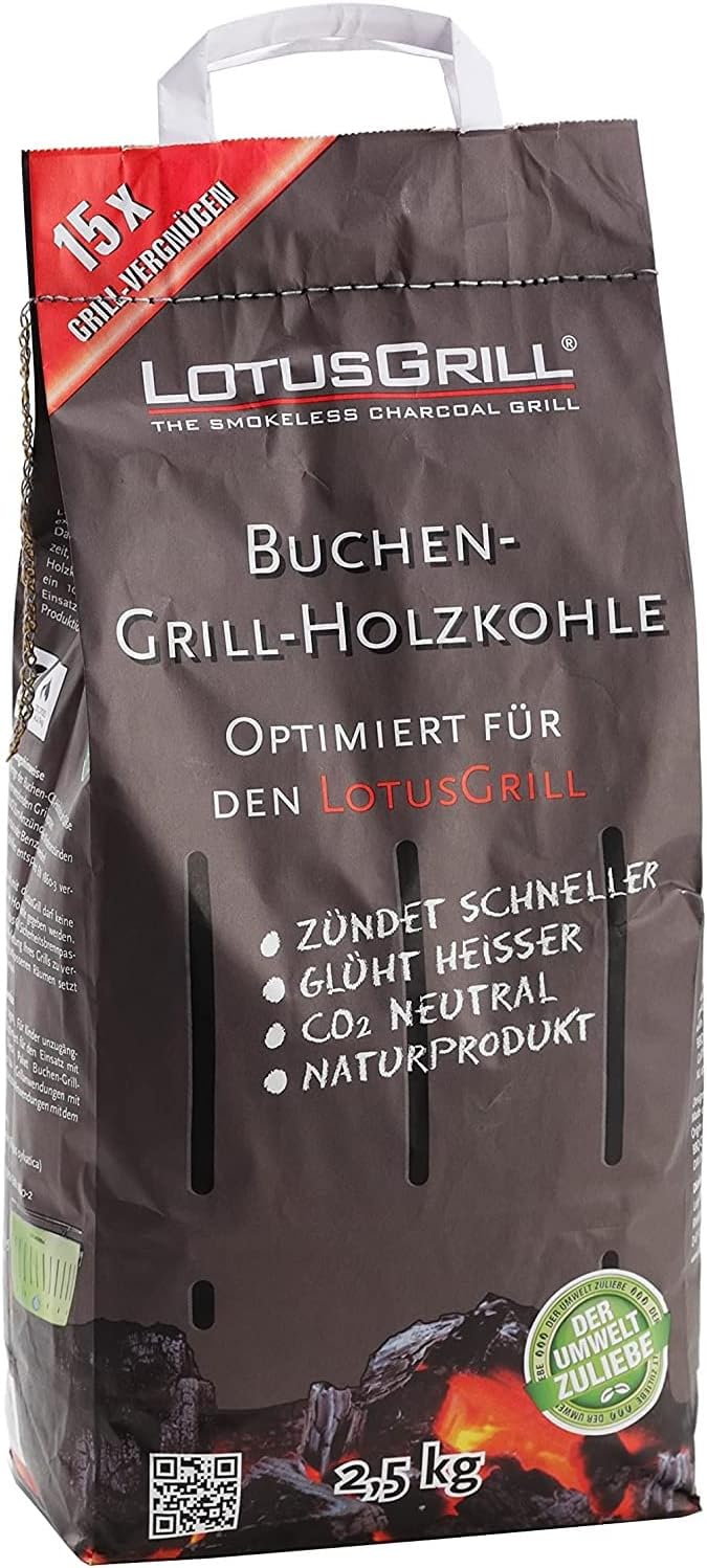 LotusGrill Small Compact G280 Modello più Piccolo, griglia a Carbone a Bassa Emissione di Fumo Viola, 1 kg di Carbone, 200 ml di Pasta combustibile, 1 Coltello e 1 Borsa, connessione USB
