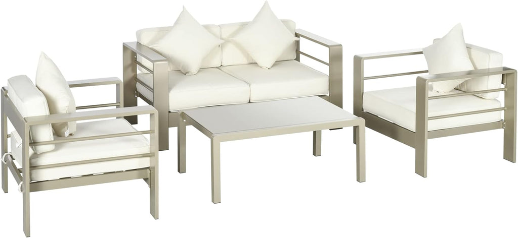 Outsunny 4-Piece Garden Living Room with Sofa, 2 Armchairs and Coffee Table with Glass Top, Removable Padded Cushions, Gold