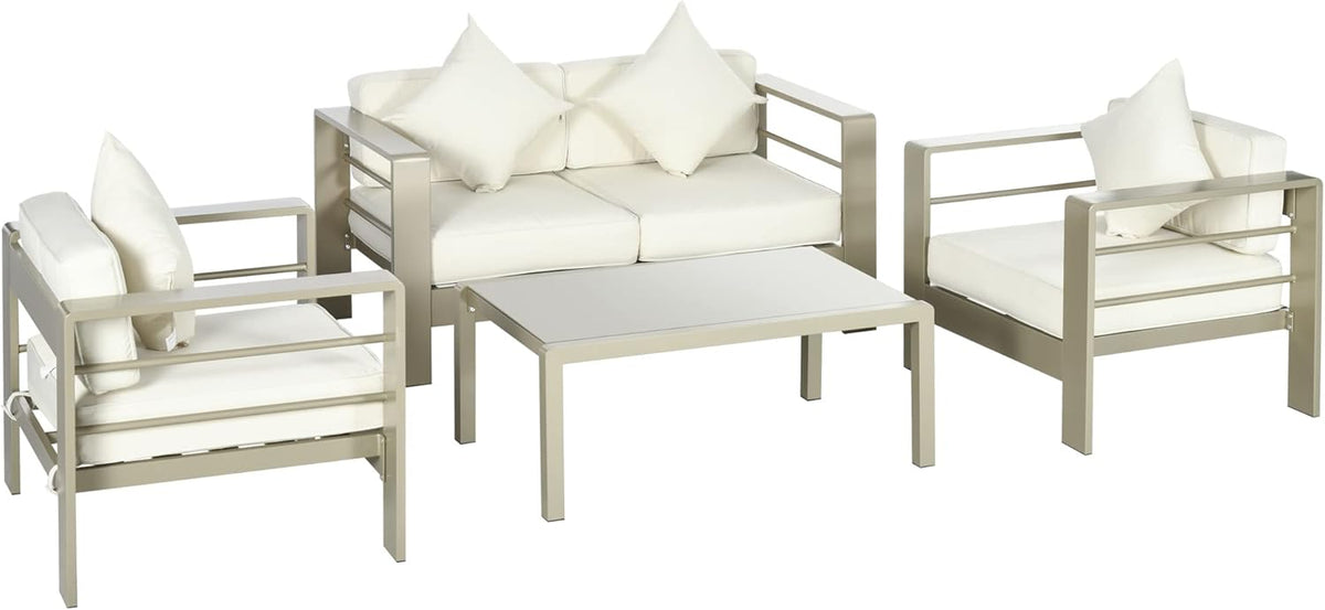 Outsunny 4-Piece Garden Living Room with Sofa, 2 Armchairs and Coffee Table with Glass Top, Removable Padded Cushions, Gold