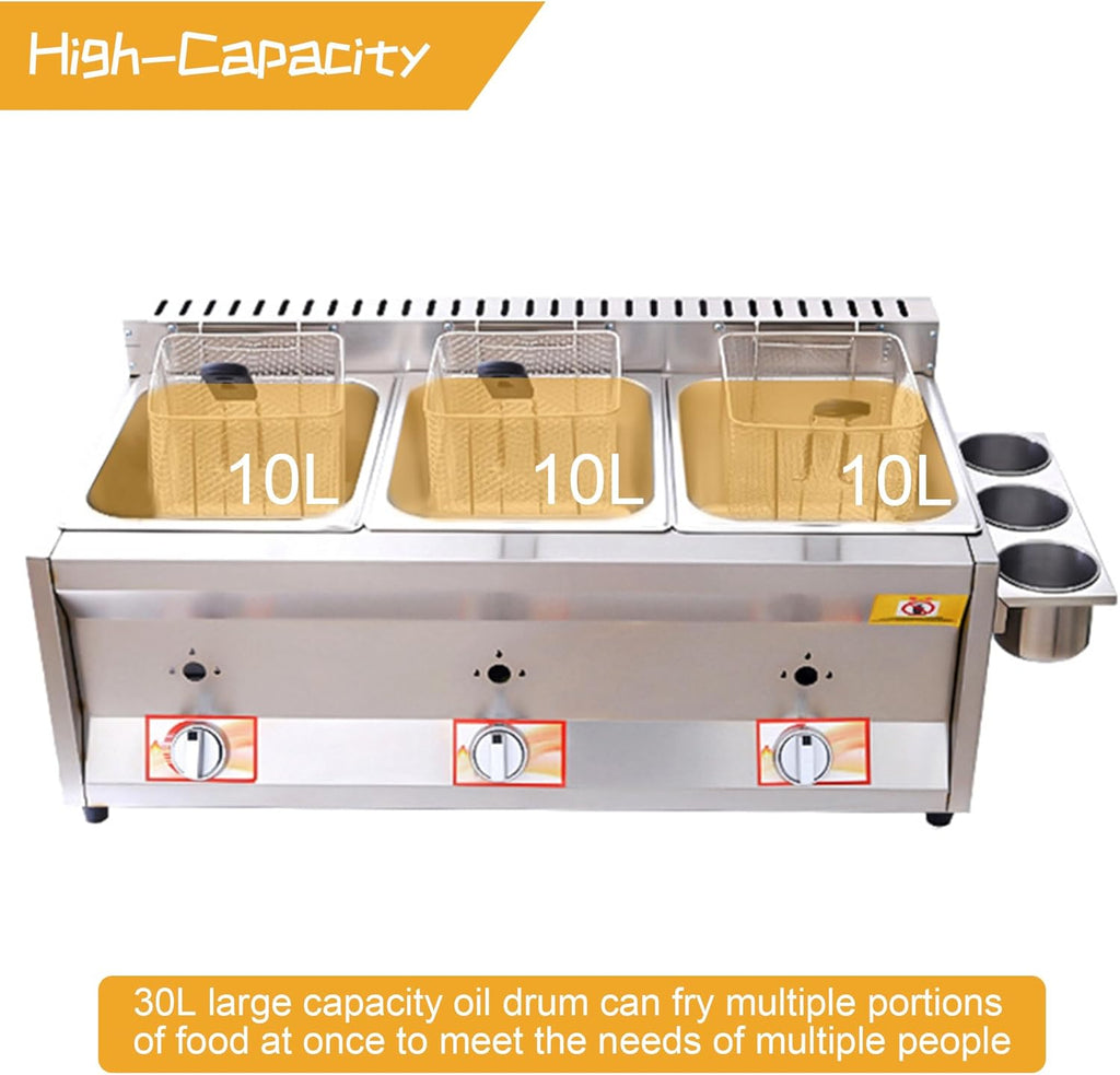 Friggitrice commerciale a gas GPL, doppio serbatoio, con cestello da 10 l x 2/3 e coperchio, in acciaio inox, grande capacità, propano GPL, con tubo in metallo, per patatine fritte, casa, cucina,