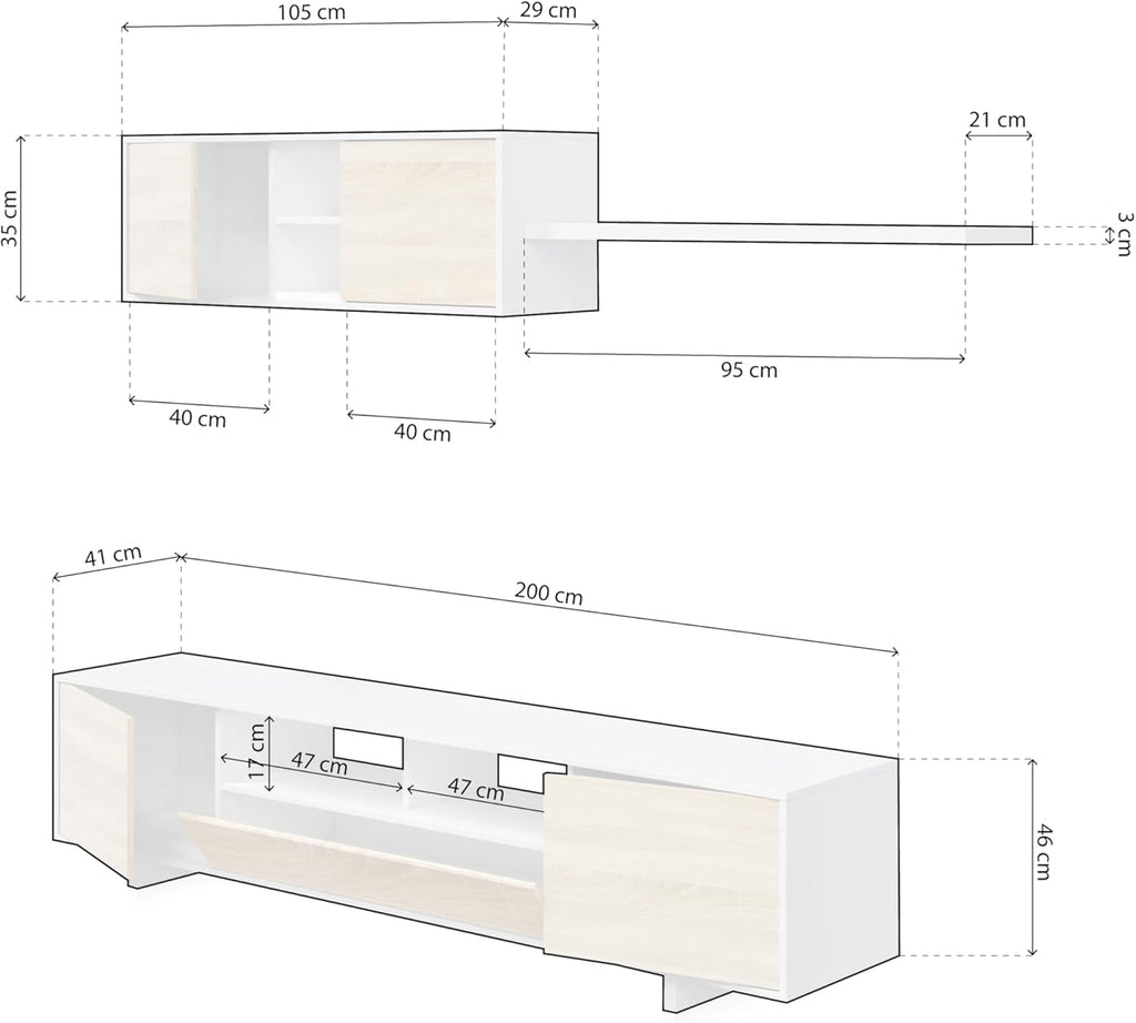 Habitdesign Mobile Soggiorno Moderno, Moduli Sala da Pranzo, Modello Belus, Finitura in Bianco Lucido e Rovere Canadese, Dimensioni: 200 cm (profondità) x 41 cm (Altezza) x 46 cm