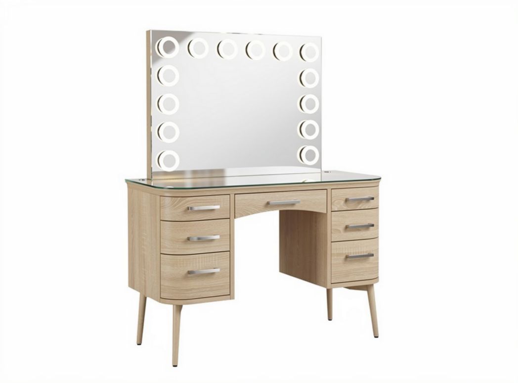 Toeletta con specchio e luci led in legno chiaro dimensioni 90 x 40 x 150cm