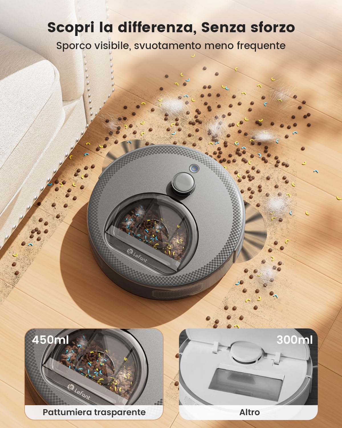LEFANT M330Pro Robot Aspirapolvere Lavapavimenti con Mappatura Laser dToF, 5000Pa, Evitamento Ostacoli PSD, 150 Minuti, Zona Vietata, App/WiFi/Alexa, Ideale per Animali, Pavimenti Duri, Grigio