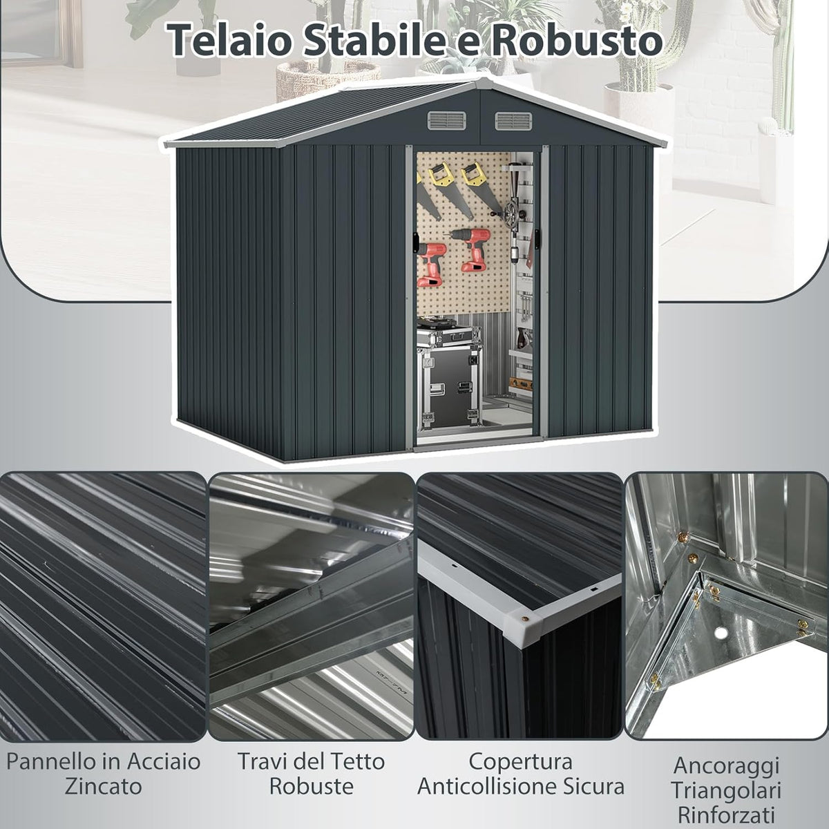 COSTWAY Casetta da Giardino 3,66㎡, Capanno da Esterno con Tetto Spiovente e Porte Scorrevoli, 4 Prese d'Aria e Base, in Metallo Zincato Resistente alle Intemperie, 235 x 171 x 196 cm