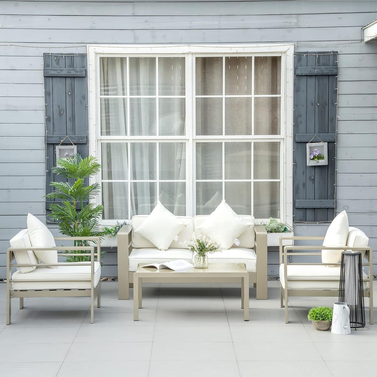 Outsunny 4-Piece Garden Living Room with Sofa, 2 Armchairs and Coffee Table with Glass Top, Removable Padded Cushions, Gold